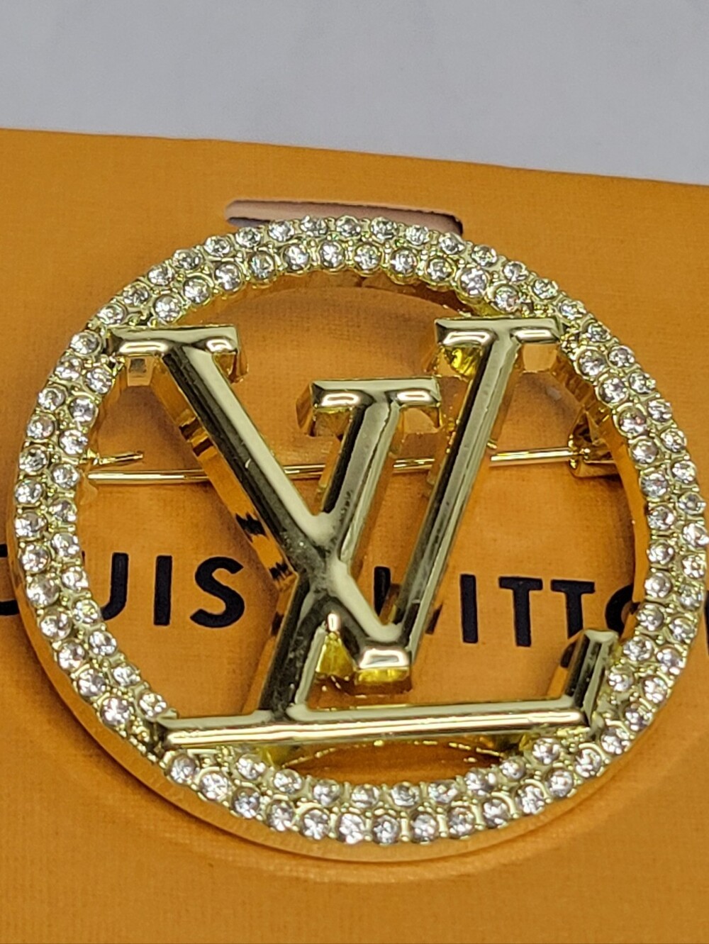 Crystal Halo Gold MonogramLV Round Brooch